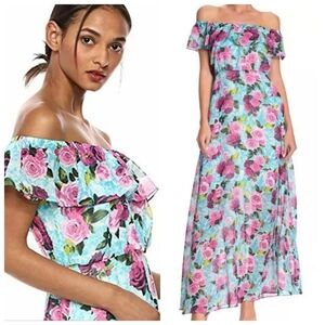 Betsey Johnson Drowning roses Malibu blue off shoulder flowy maxi dress XL NWT